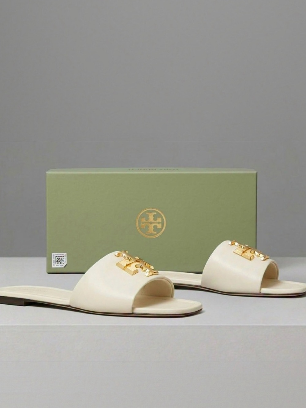 Tory Burch Ivory Leather Slide Sandals with Gold Logo